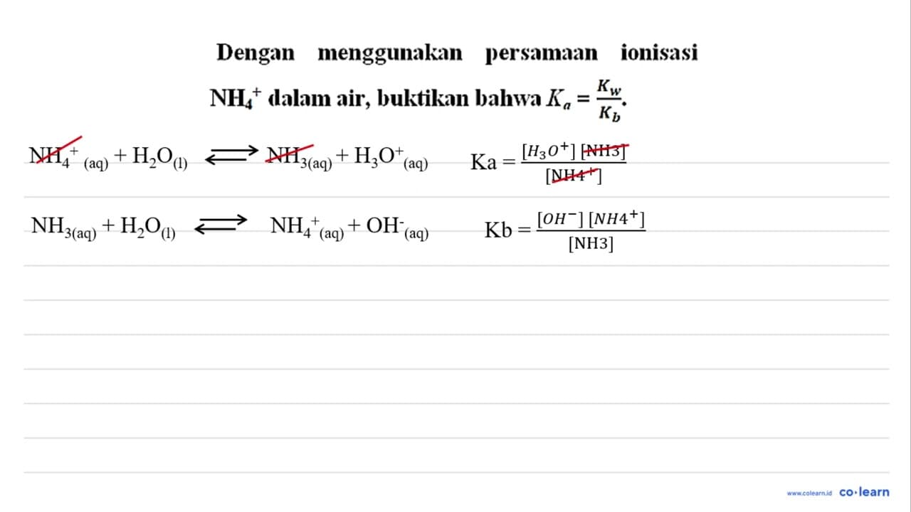 Dengan menggunakan persamaan ionisasi NH4^+ dalam air,