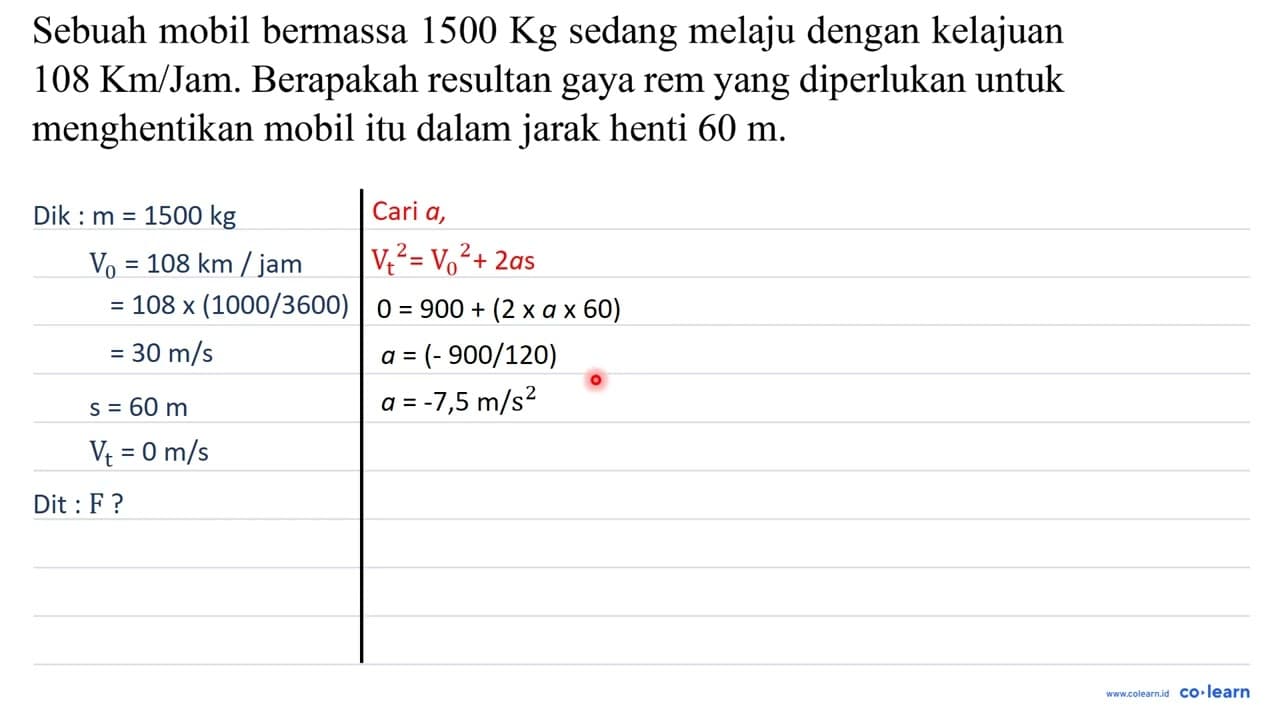 Sebuah mobil bermassa 1500 Kg sedang melaju dengan kelajuan