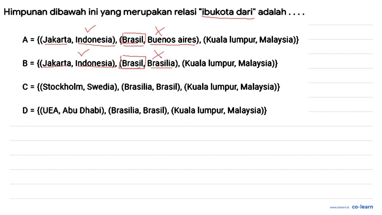 Himpunan dibawah ini yang merupakan relasi "ibukota dari"