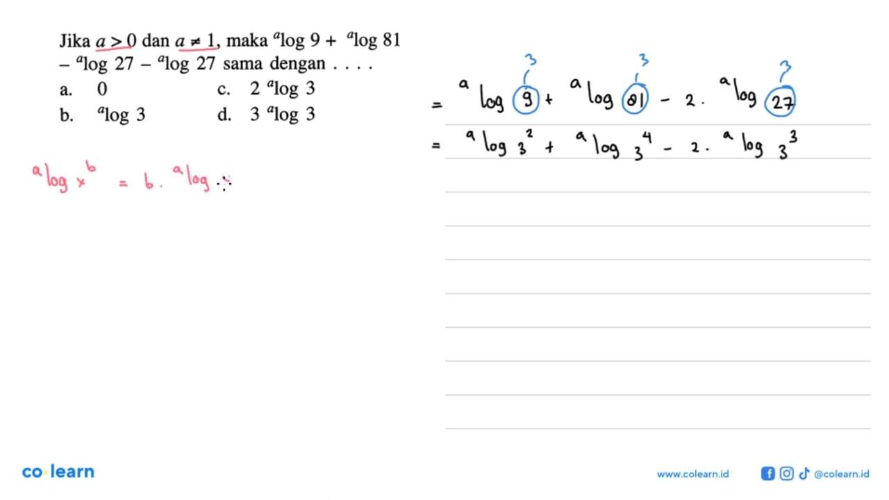 Jika a>0 dan a=/=1, maka alog9+alog81-alog27-alog27 sama