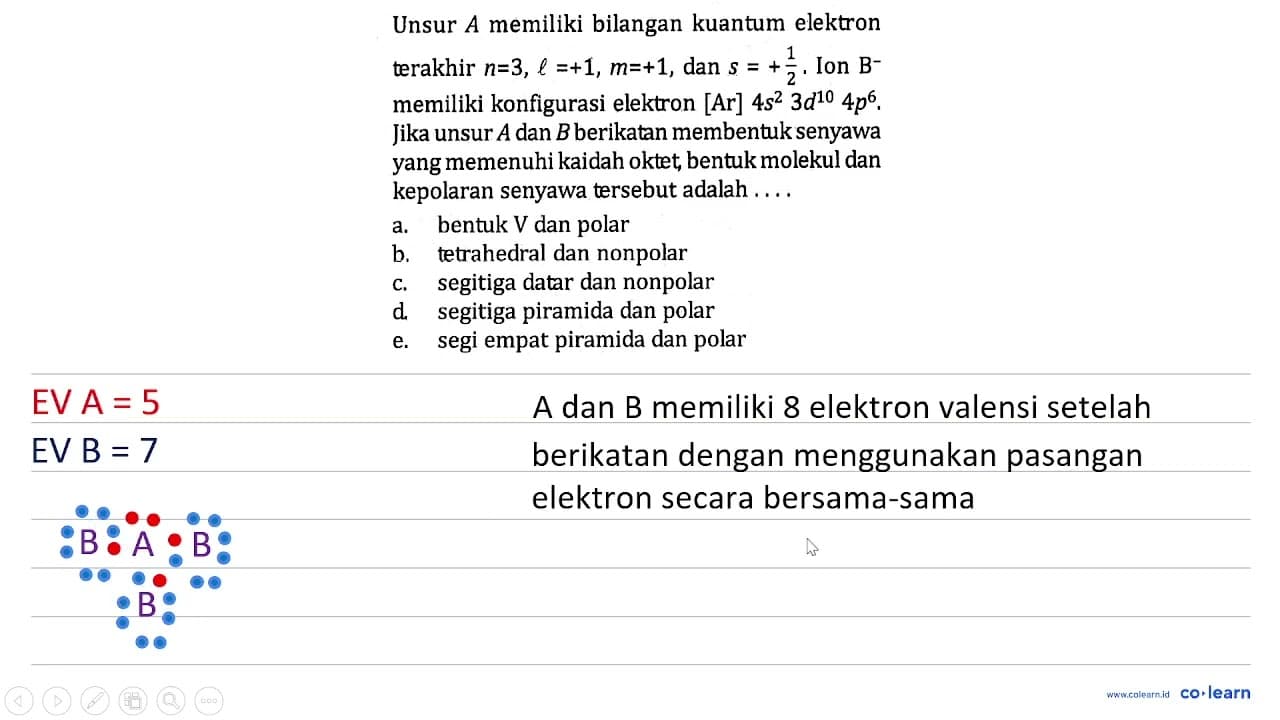 Unsur A memiliki bilangan kuantum elektron terakhir n=3,