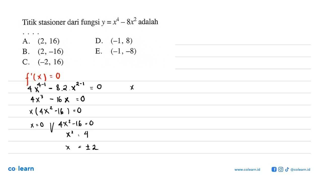 Titik stasioner dari fungsi y=x^4-8x^2 adalah