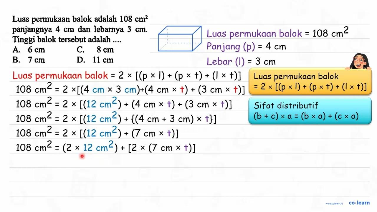 Luas permukaan balok adalah 108 cm^2 panjangnya 4 cm dan