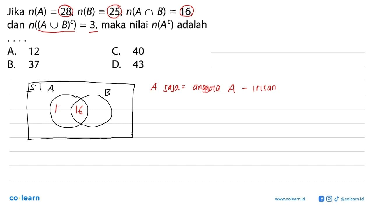 Jika n(A) 28, n(B) 25, n(A n B) = 16, n((A u B)^c) = 3,