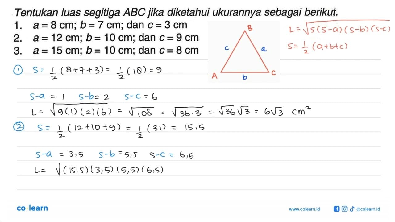 Tentukan luas segitiga ABC jika diketahui ukurannya sebagai