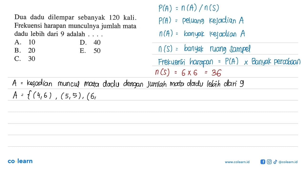 Dua dadu dilempar sebanyak 120 kali. Frekuensi harapan