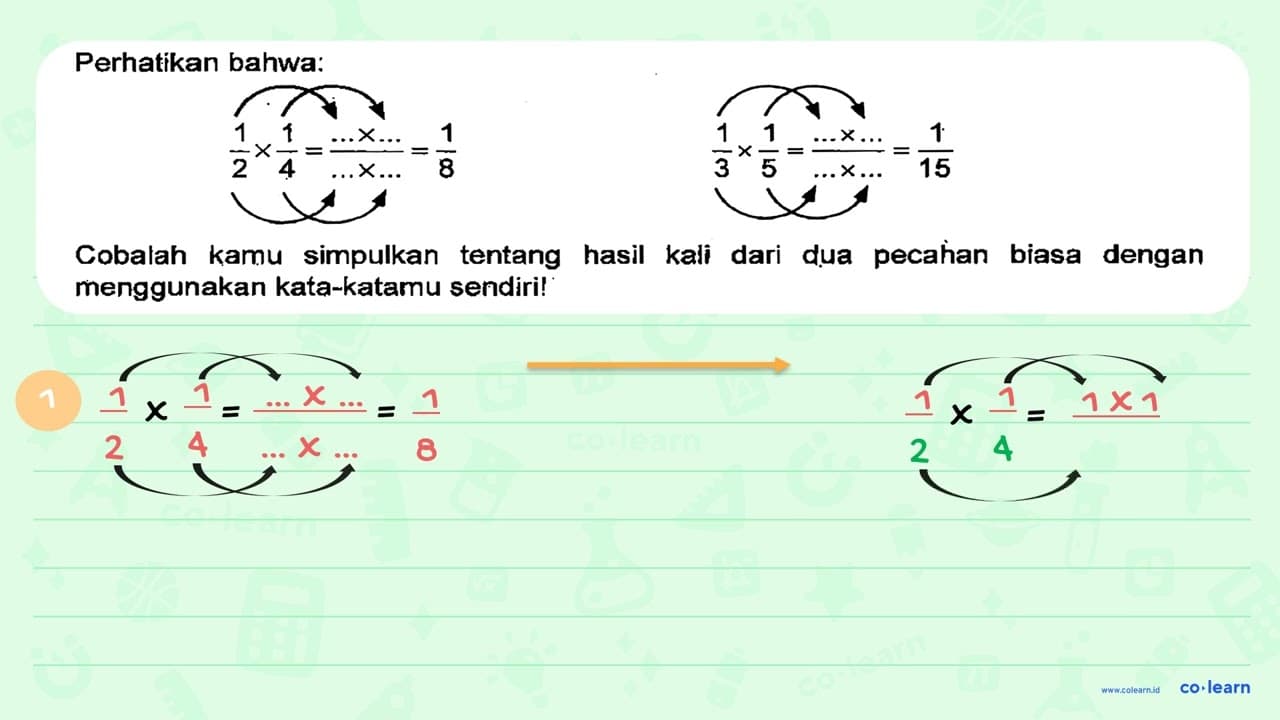 Perhatikan bahwa 1/2 x 1/4 = x / x = 1/8 1/3 x 1/5 = x / x