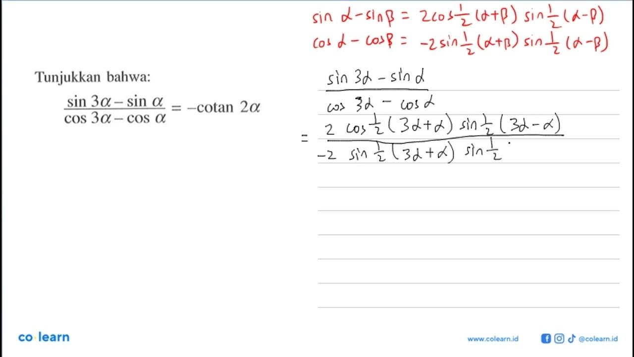 (sin 3a-sina)/(cos3a-cosa) = -cotan2a