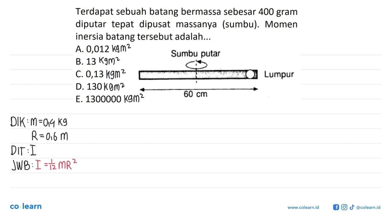 Terdapat sebuah batang bermassa sebesar 400 gram diputar