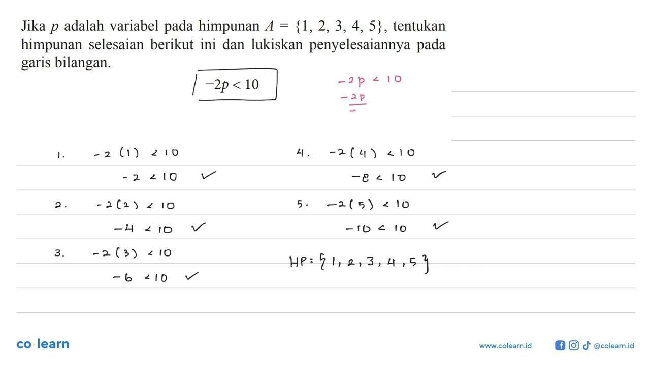 Jika p adalah variabel pada himpunan A = {1, 2, 3, 4, 5},