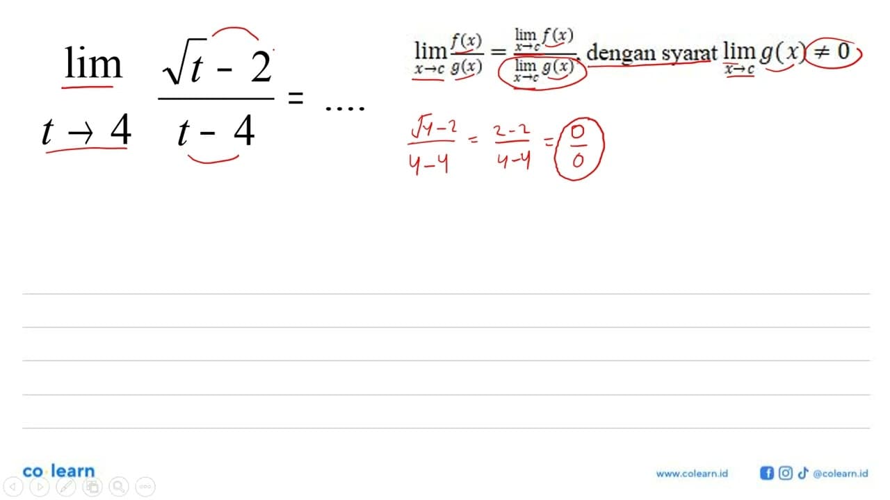 limit t-.4 (t^(1/2)-2)/(t-4)=....