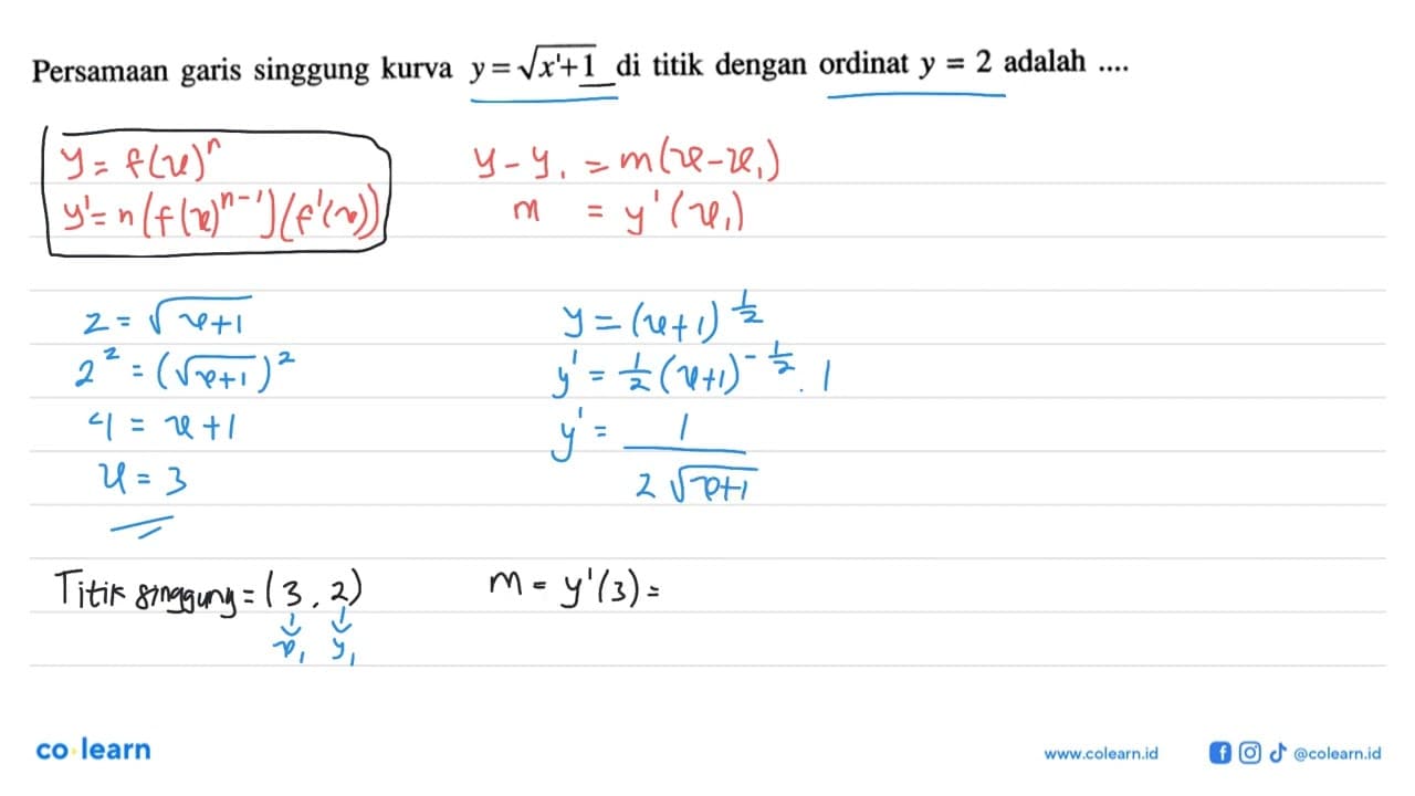 Persamaan garis singgung kurva y=(x+1)^1/2 di titik dengan