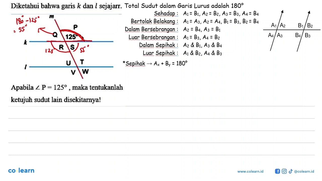 Diketahui bahwa garis k dan l sejajar. m P Q 125 k R S U T