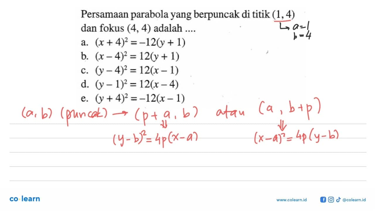 Persamaan parabola yang berpuncak di titik (1,4) dan fokus