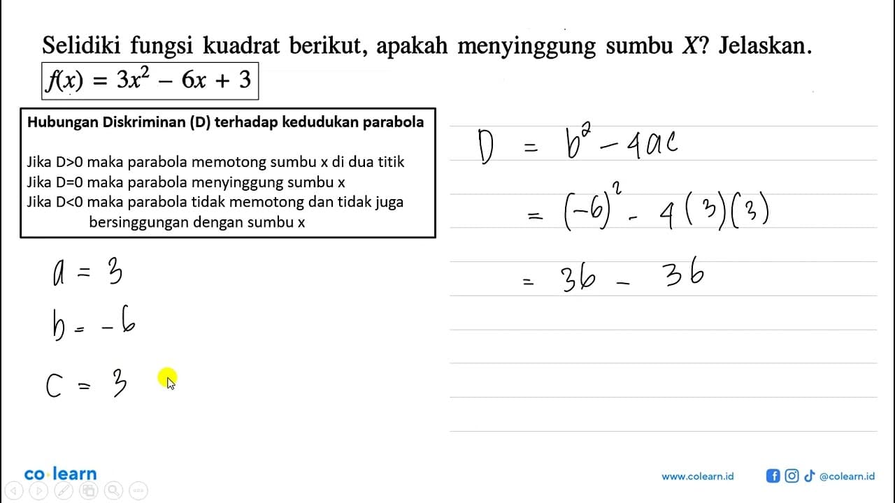 Selidiki fungsi kuadrat berikut, apakah menyinggung sumbu