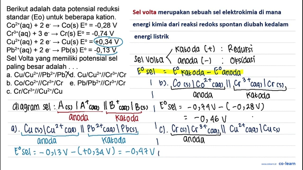 Berikut adalah data potensial reduksi standar (Eo) untuk