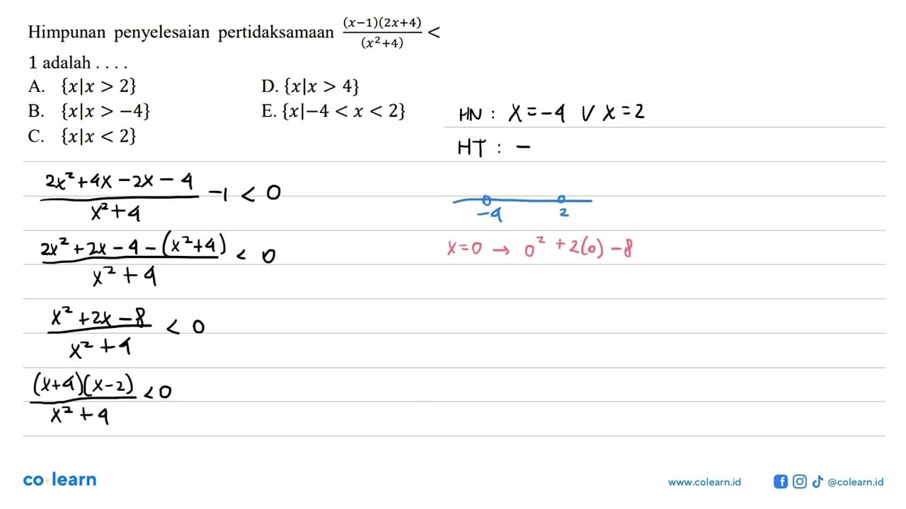 Himpunan penyelesaian pertidaksamaan (x-1)(2x+4)/(x^2+4)>1