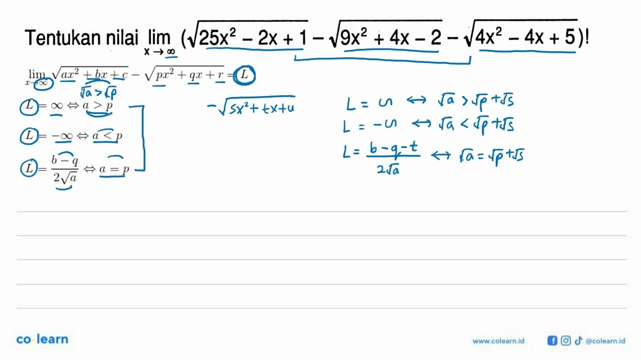 Tentukannilai lim x -> tak hingga(akar(25x^2-2 x+1)-akar(9