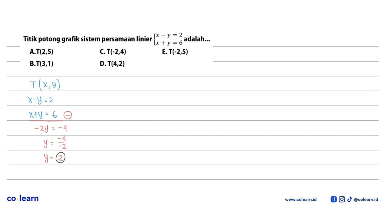 Titik potong grafik sistem persamaan linier x-y=2 x+y=6