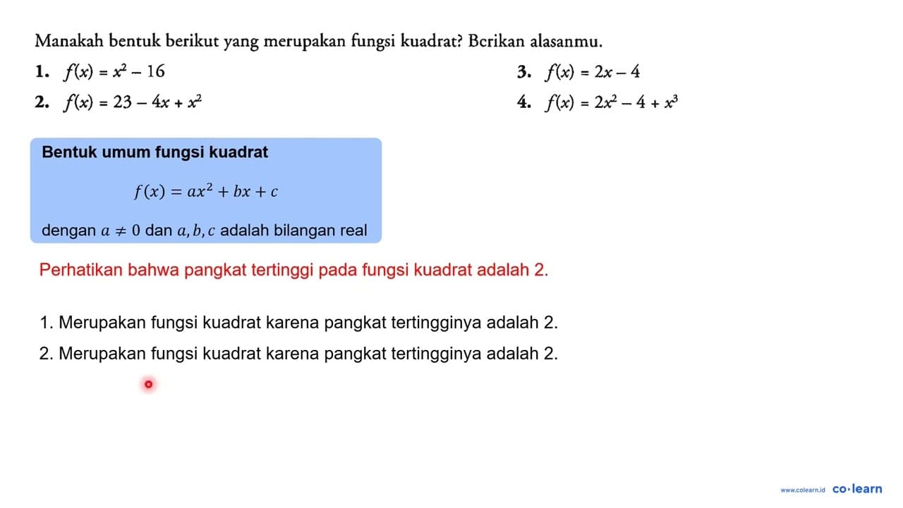 Manakah bentuk berikut yang merupakan fungsi kuadrat?