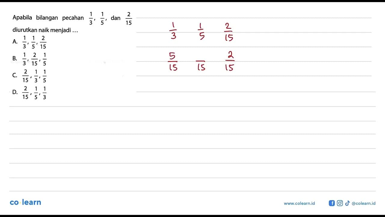 Apabila bilangan pecahan 1/3, 1/5, dan 2/15 diurutkan naik