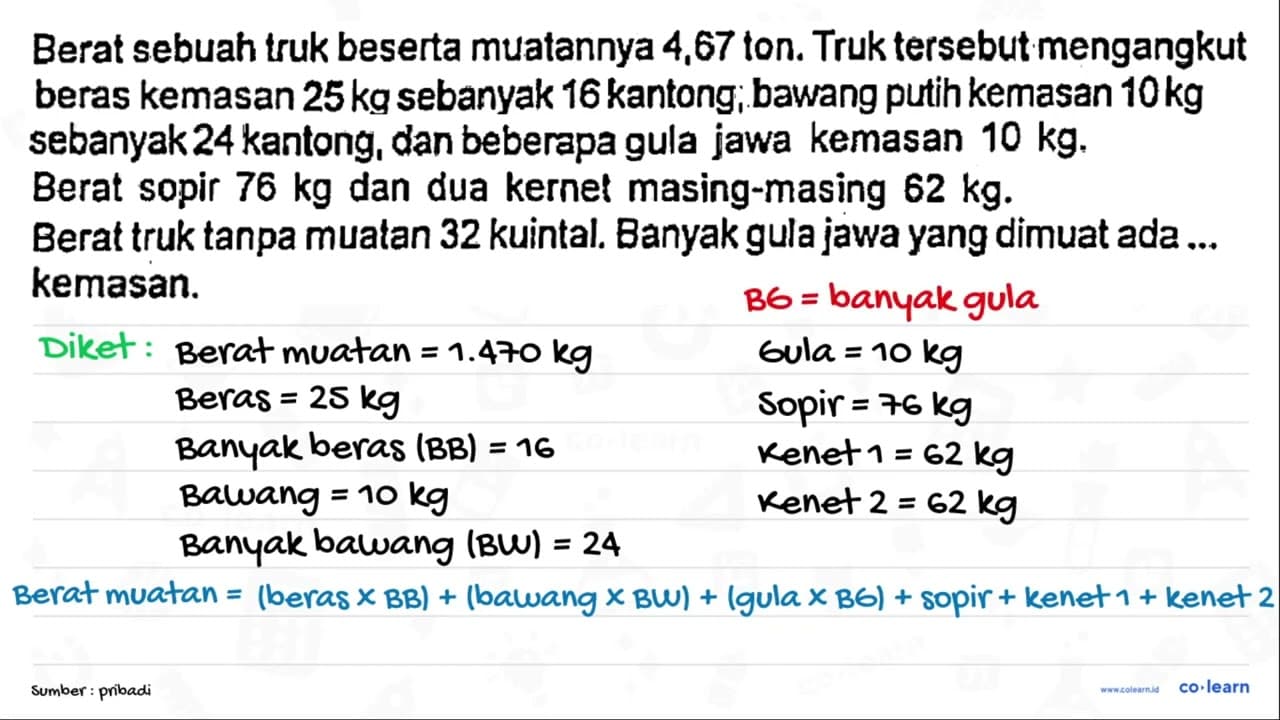 Berat sebuah truk beserta muatannya 4,67 ton. Truk tersebut