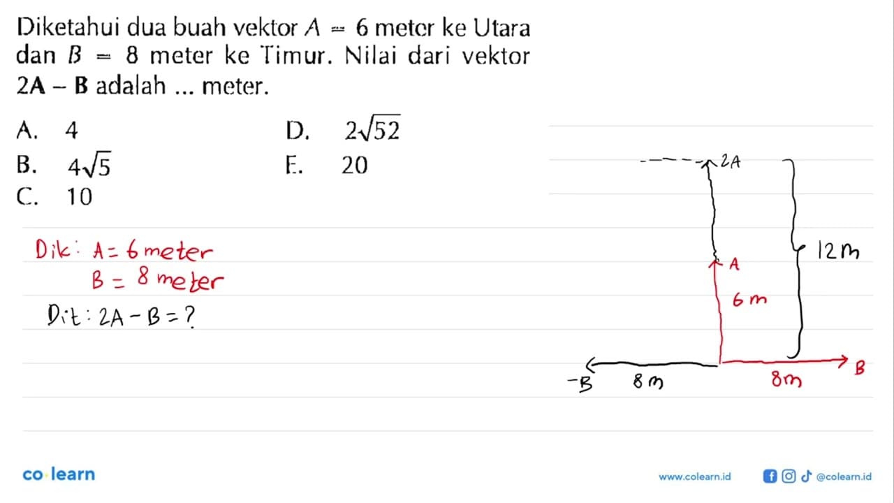 Diketahui dua buah vektor A=6 meter ke Utara dan B=8 meter