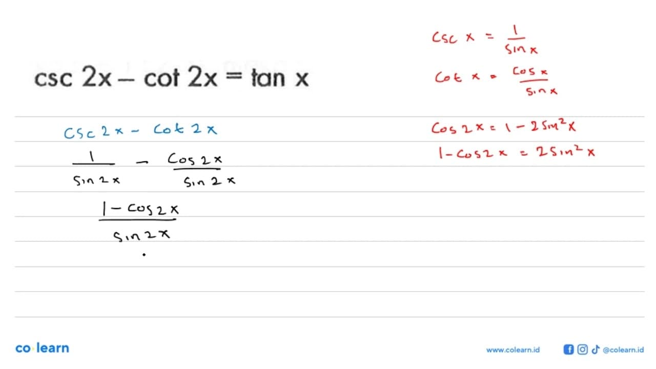 csc 2x-cot 2x=tan x