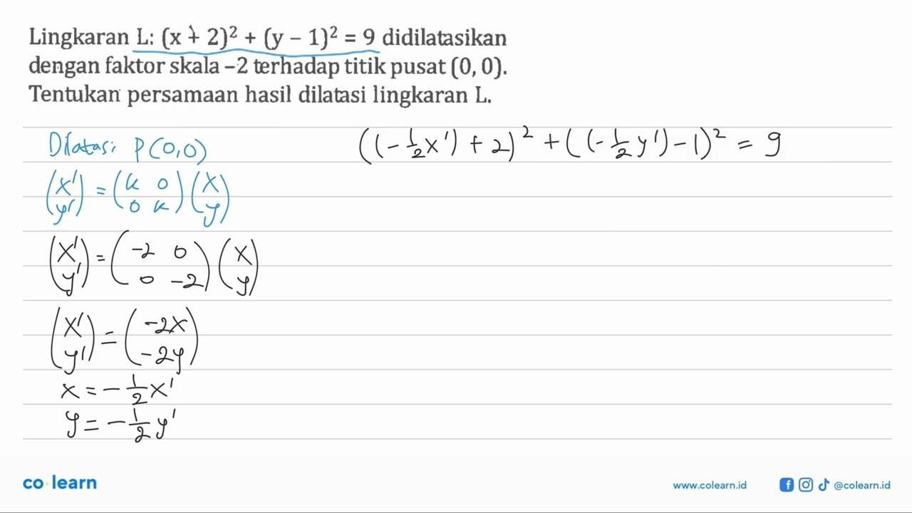 Lingkaran L: (x+2)^2+(y-1)^2=9 didilatasikan dengan faktor