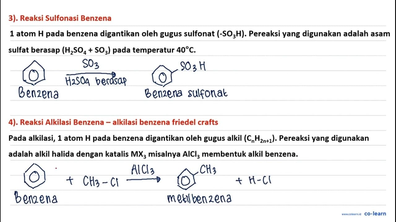 Berikut adalah persamaan reaksi pembuatan turunan benzene.