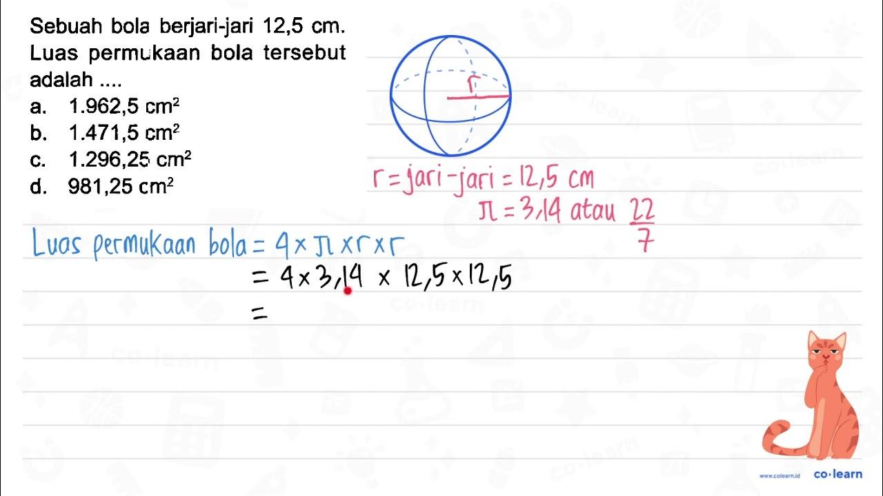 Sebuah bola berjari-jari 12,5 cm. Luas permukaan bola