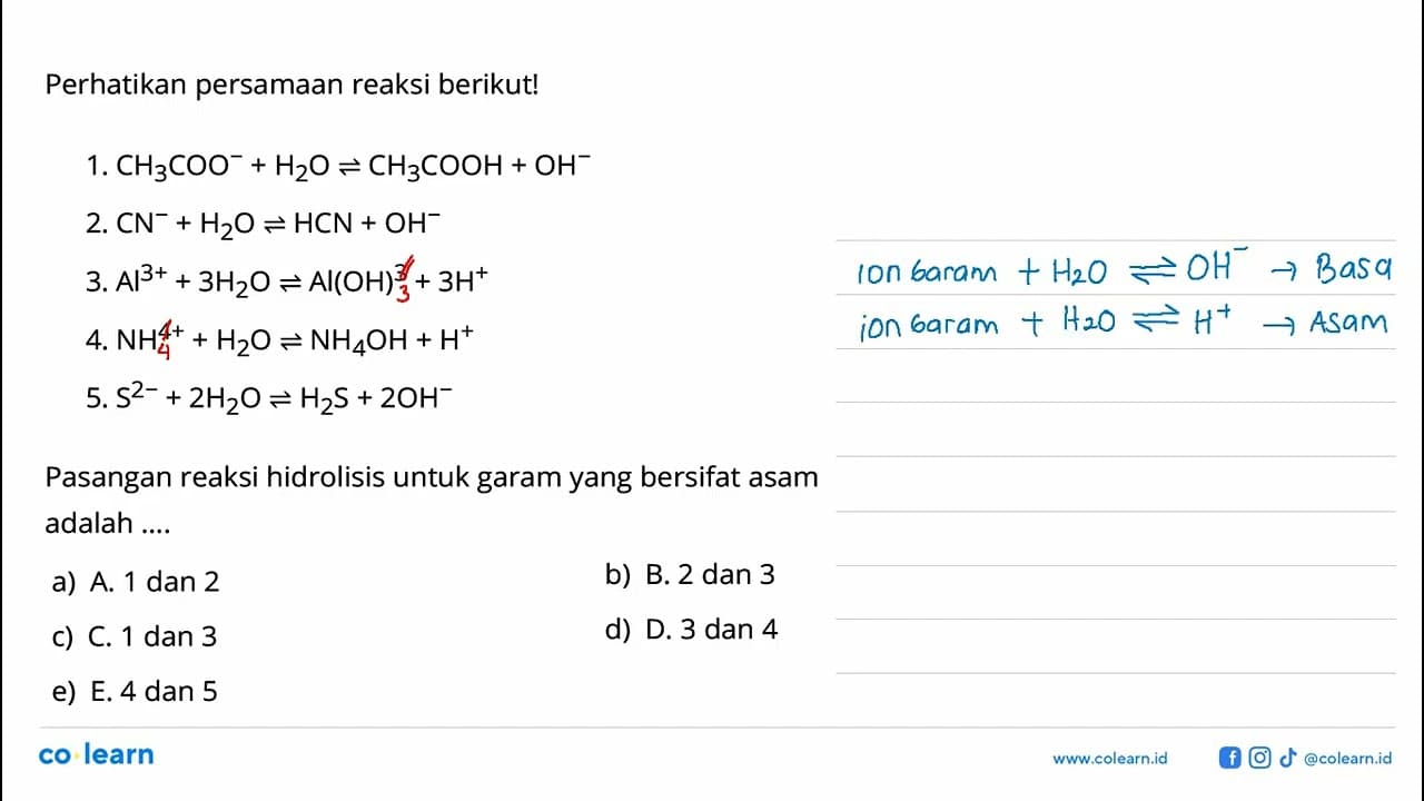 Perhatikan persamaan reaksi berikut! 1. CH3COO^-+H2O <=>