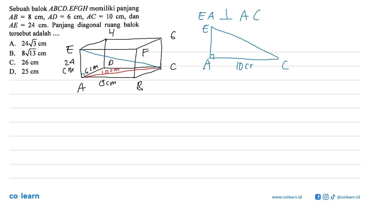 Sebuah balok ABCD.EFGH memiliki panjang AB=8 cm, AD=6 cm,