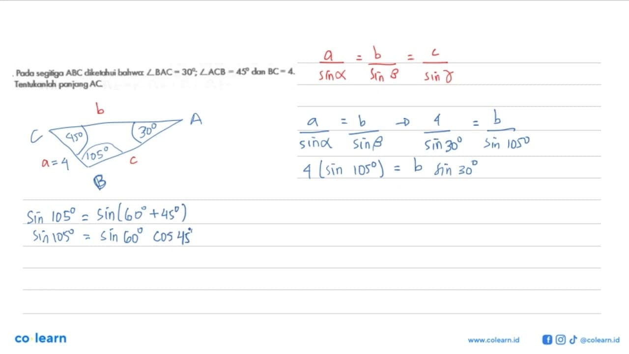 Pada segitiga ABC diketahui bahwa: sudut BAC=30; sudut