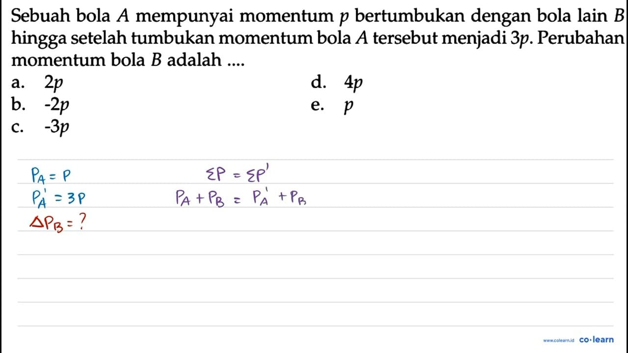 Sebuah bola A mempunyai momentum p bertumbukan dengan bola