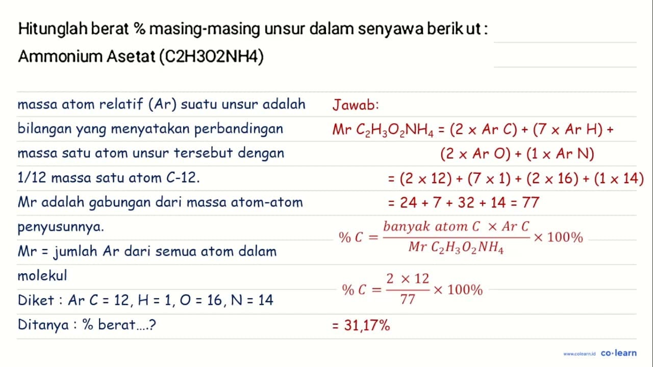 Hitunglah berat % masing-masing unsur dalam senyawa berik