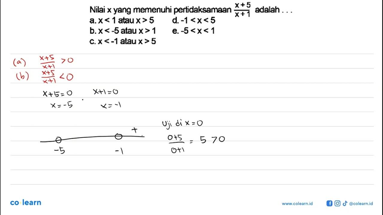 Nilai x yang memenuhi pertidaksamaan (x+5)/(x+1) adalah ...