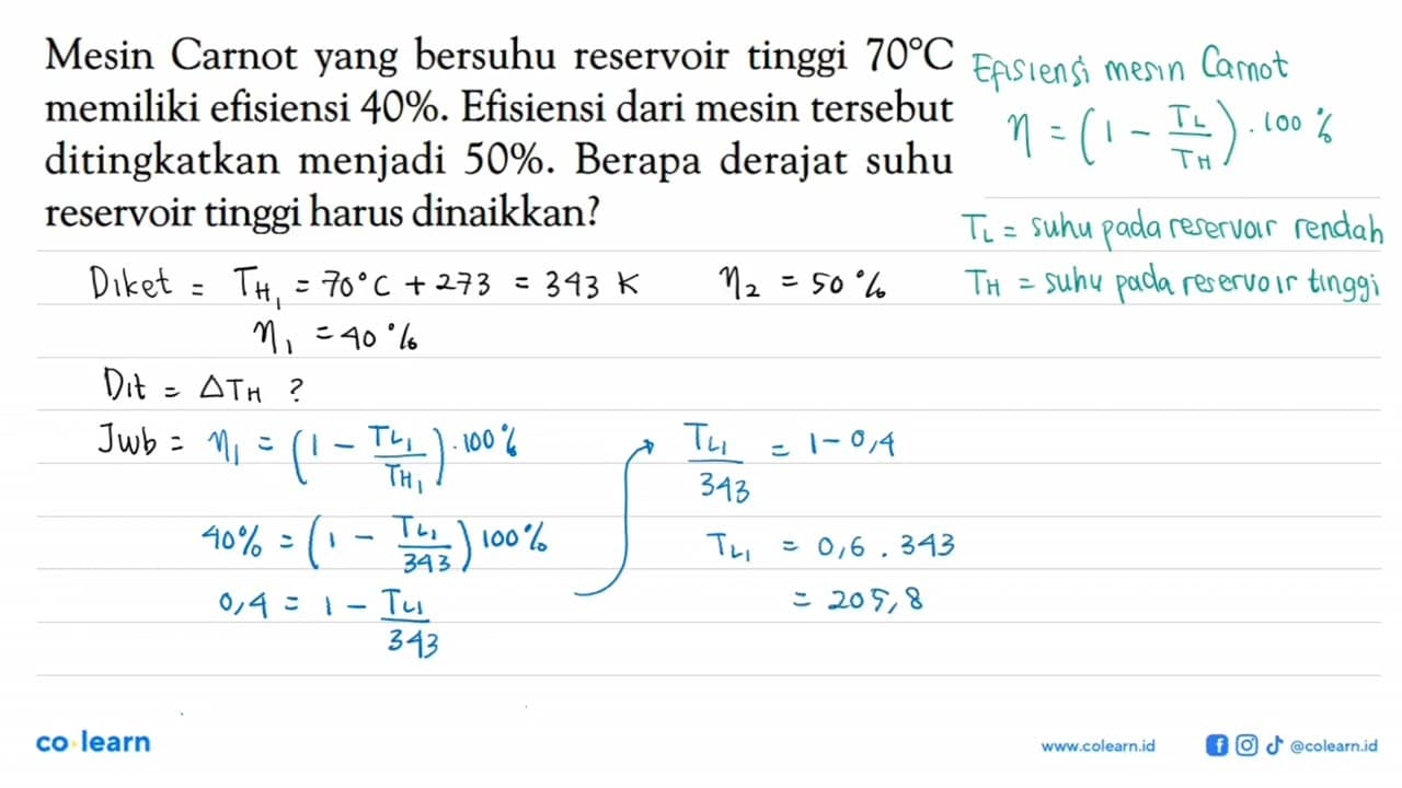 Mesin Carnot yang bersuhu reservoir tinggi 70 C memiliki