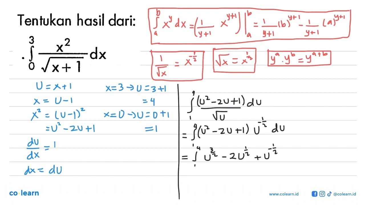 Tentukan hasil dari:integral dari 0 3 x^2/akar(x+1) dx