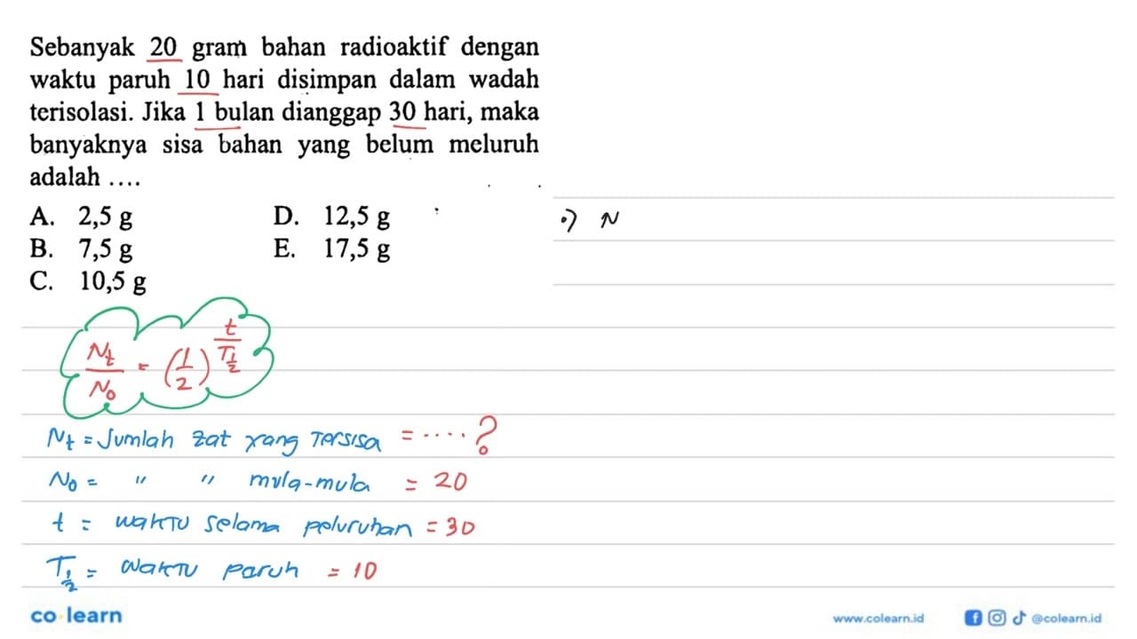 Sebanyak 20 gram bahan radioaktif dengan waktu paruh 10