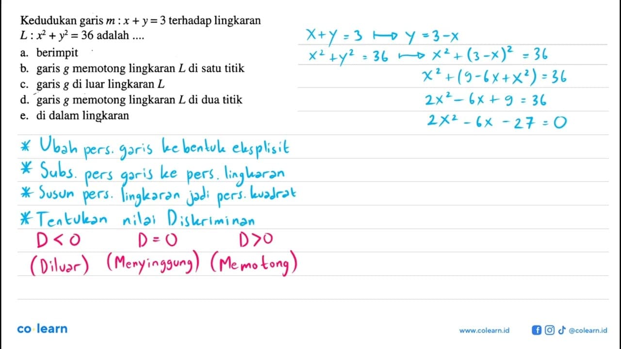 Kedudukan garis mx+y=3 terhadap lingkaran L x^2+y^2=36