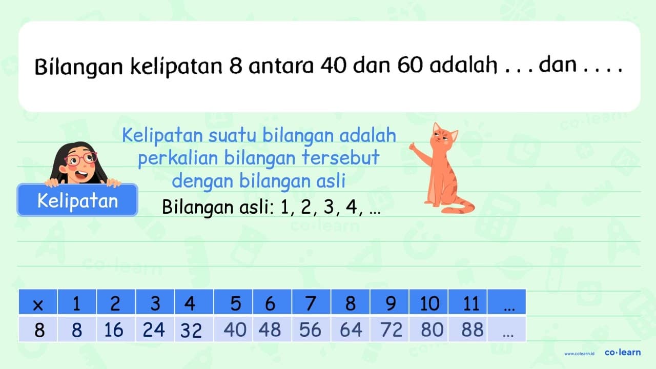 Bilangan kelipatan 8 antara 40 dan 60 adalah ... dan ...