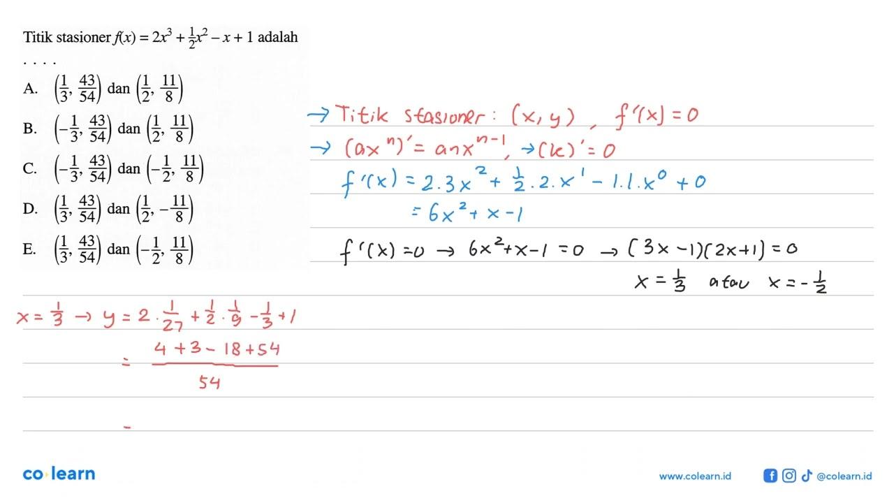 Titik stasioner f(x)=2x^3+(1/2)x^2-x+1 adalah....