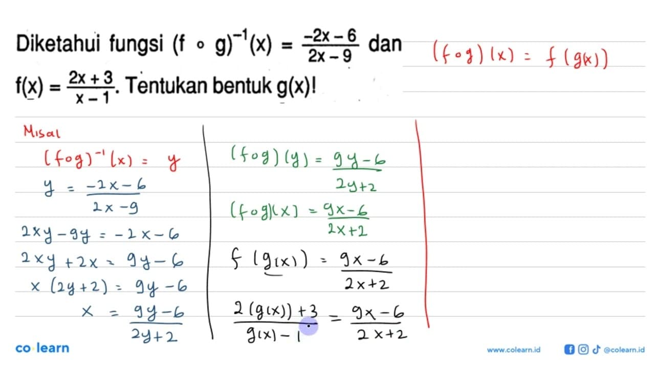 Diketahui fungsi (fog)^(-1)(x)=(-2x-6)/(2x-9) dan