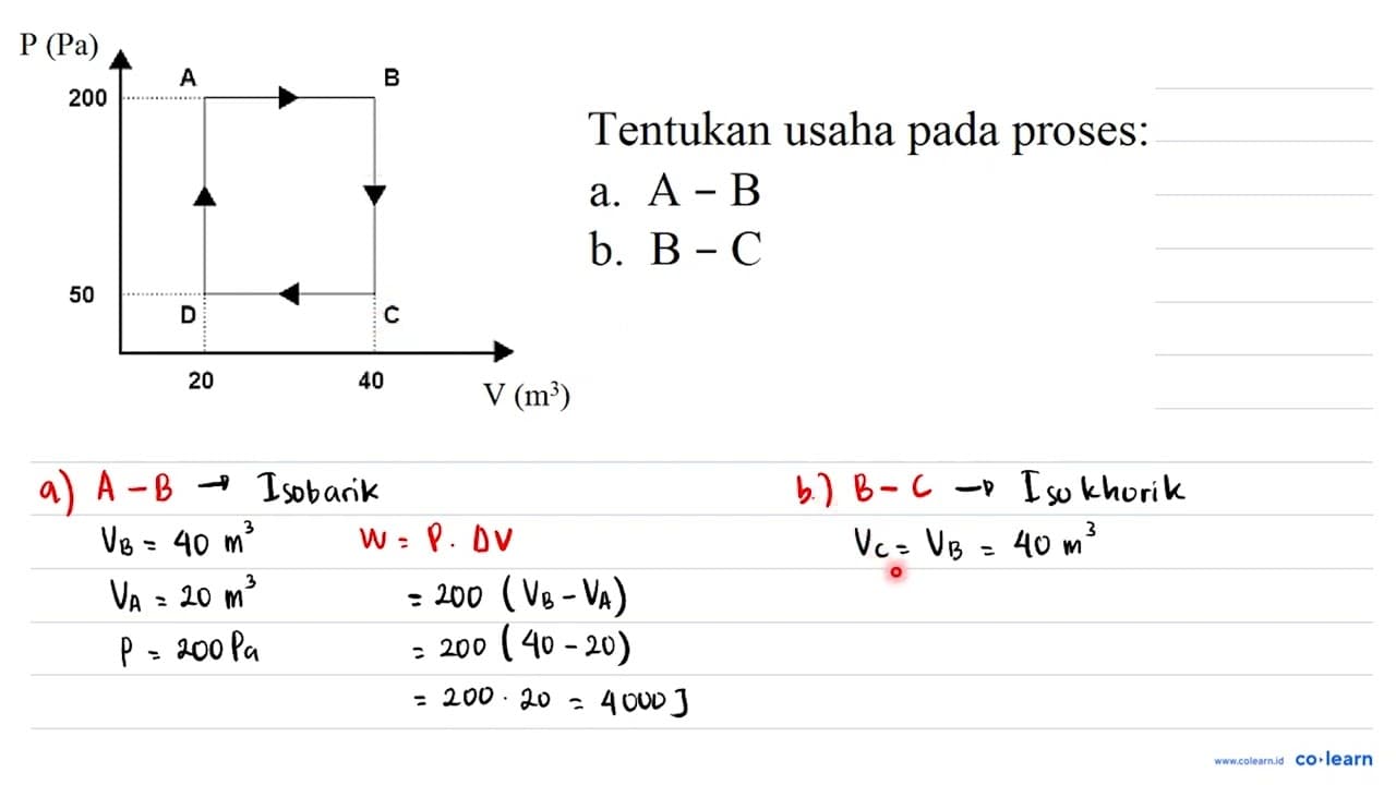 P (Pa) A B C D 200 50 20 40 V (m^3) Tentukan usaha pada