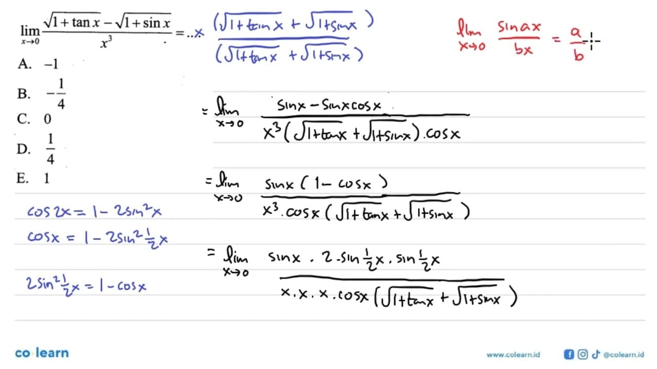 limit x -> 0 (akar(1+tan x)-akar(1+sin x)/x^3=....