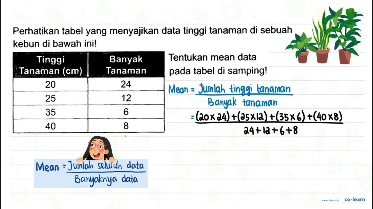 Perhatikan tabel yang menyajikan data tinggi tanaman di