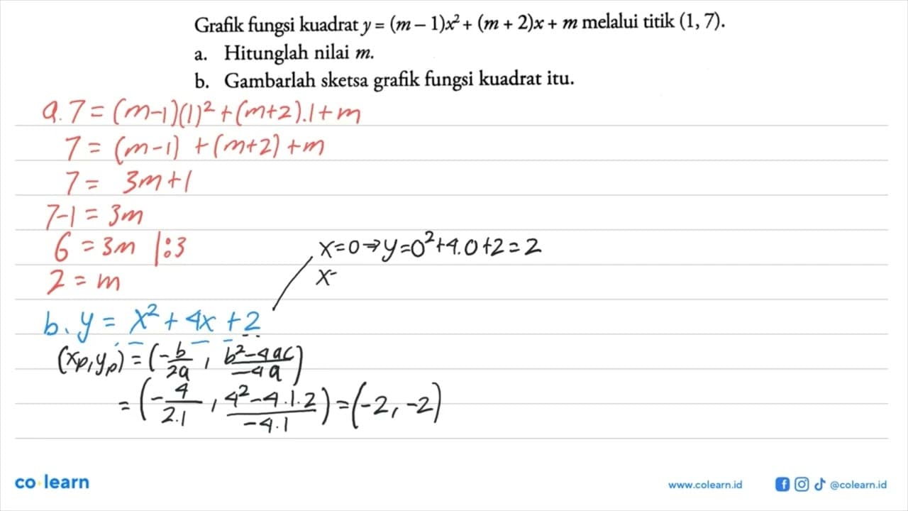 Grafik fungsi kuadrat y=(m-1)x^2 + (m+2)x + m melalui titik