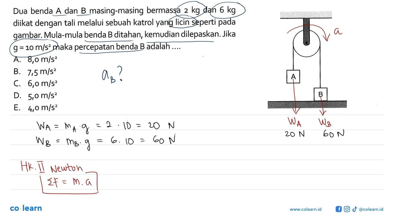 Dua benda A dan B masing-masing bermassa 2 kg dan 6 kg