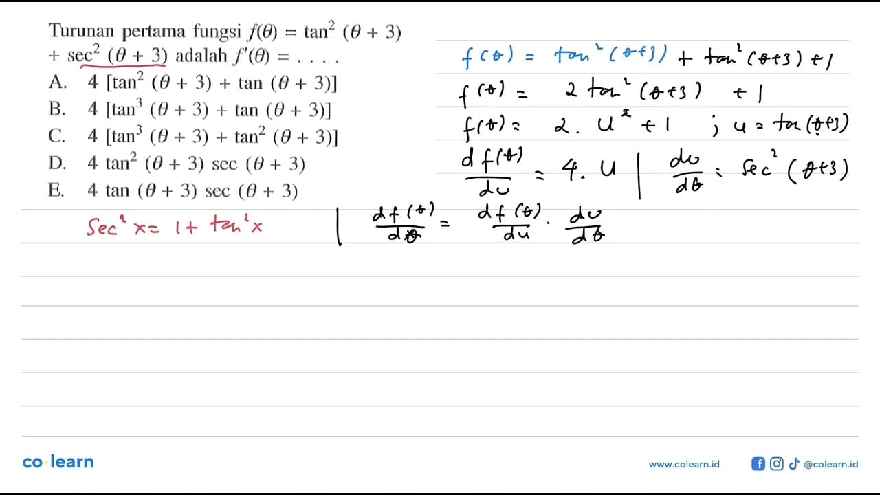 Turunan pertama fungsi f(theta) = tan^2 (theta + 3)